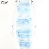 Tie-Dye Print Ruched Christmas Dress For Women Long Sleeve Sexy Bodycon Winter Dress Elastic Pleated Casual Party