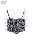 Style Fake 2 Piece Irregular Suspender T Shirt Women Summer 2023 Casual O Neck Short Sleeve Back Hollow Design Lady