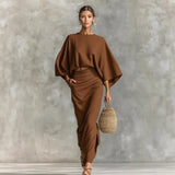 Shein Round Collar Long-Sleeved Top High Waist Skirt Suit Women's