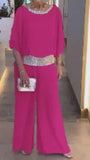 New Solid-Color Suit Round-Collar Sleb Set Of Bright Bat Shirt Wide Leg Trousers Set For