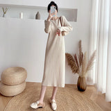 And Winter 2025 Long-Sleeved Collar Knitted Dress New Medium And Long Solid Color Bottom Straight Over Knee