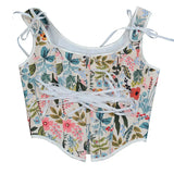 Ancient Printed Corset New French Retro Court Front Strap U Tie Leaf Printed Vest Female