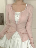 2025 New Simple Solid Color Lace Splicing Casual Buckle Knitted Long-Sleeved T-Shirt