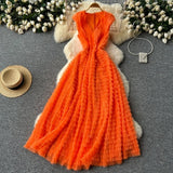 Famous French High-End Women V Lead Heavy Industry Folding Net Yarn Waist Fluffy Cake Dress