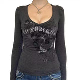 Old Letter Print Knitting V-Neck T-Shirt For Women's New Knitted Long-Sleeved