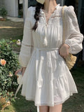 White Lace Dress Women Hollow Out Mini Dress Female Elegant Sweet Dress Ladies Long Sleeve V Neck Lace Up