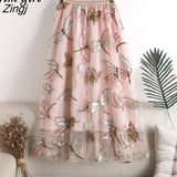Embroidery Tulle Long Skirts Women Vintage Elegant Elastic High Waist Midi Pleated Skirt Female Korean A-Line Mesh