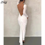 Sexy Backless Ruched Maxi Dress Women White Long Sleeve Evening Dresses Female Autumn Skinny Elegant Party Clubwear