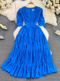 Women Pleated Long Dress Vintage V-Neck Short Sleeve High Waist A-Line Green/Blue/Brown Big Swing Maxi Vestidos