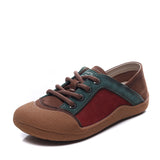 Layer Cowhide 2025 Autumn New Lace Sports Leisure Round Head Flat Bottom Single-Shoe Soft-Soled Waterproof