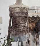Shot Shoulder Strap Tie Dyed Net Shawl Shirt T-Shirt T-Shirt T-Shirt Design Folded Long-Sleeved T-Shirt