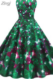 Sexy Spaghetti Strap Summer Dress Women Green Floral Print High Waist Slim Elegant Vintage A-Line Midi Dress