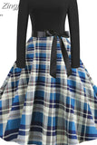 Autumn Winter Women Plaid Print Dress Elegant Casual Vintgae Dress Robe Femme Black Patchwork A-line Party