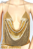 Metal Crop Top Summer Sexy Club Backless Bralette Beach Halter Gold Sequined Party Women Tank Top