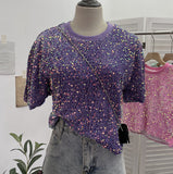 Sequin Short Sleeve T-Shirt 2025 Spring And Summer Korean Version Of Loose Night Club Bling Top
