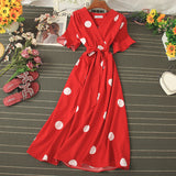 Polka Dot Midi Dress Summer 2023 Sexy V-neck Flare Sleeve Casual Vestidos Verano Elegant Blue/White Sashes Dresses