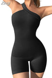 Women Sports Rompers Ribbed Biker Shorts Solid Color Irregular Strap Jumpsuits Workout Fitness Bodycon Playsuits