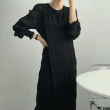 Chic Gentle And Elegant Round Collar Fold Texture Design Loose Leisure Lantern Sleeve Chiffon Dress
