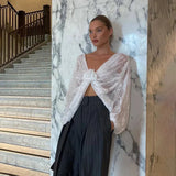 White Sheer Lace Knot Long Sleeve Crop Blouse-Outfit