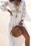 Maxi Dress Women Summer Beach Holiday White Wedding Dresses Ladies Retro V Neck Long Dress Boho Sundress Robe