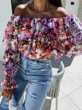 Zingj Burst Autumn Sexy Fashion One-Word Collar Off-The-Shoulder Print Shirt
