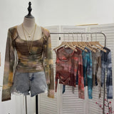 Babes Tie-Dye Net Yarn Sunscreen Cardigan Two Sets Of Sling Vest + Long-Sleeved Shirt Top