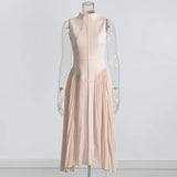 French Elegant Style Sleeveless Collar Dress 2025 New Splicing Folding Design Slimming Long