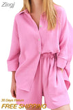Women's 2 Piece Casual Outfits Loungewear Set Loose Comfy Long Sleeve Button Down Shirt + Elastic Waist Mini Shorts