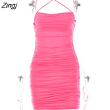 Spaghetti Strap Ruched Bodycon Dresses Summer Women Backless Mini Elegant Sexy Dress Female Sleeveless Party