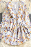 Women Green/Purple/Beige Floral Chiffon Dress Bohemian V-Neck Lantern Long Sleeve High Waist Ruffle Vestidos Female