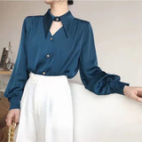 Tea Apricot Temperament V-Neck High-End Sant Satin Chic Shirt Female Design Sense Niche OL Hanging Hong Kong Taste