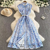 Luxury French Style Sleeveless Print Dress Female Polo Collar Hook Hollow Design Lady