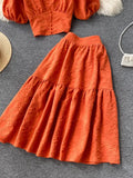 Two Piece Set Women Vintage Square Collar Short Sleeve Tops + High Waist A-Line Skirt Female Suits 2023