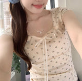 Lace Trim Square Collar Bow Short Sleeve Tee-Outfit