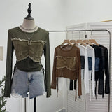 Vintage Spice Girls Stomee Net Yarn Sexy Perspective Drawstring Long-Sleeved T-Shirt Top
