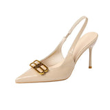 Women 2025 Autumn And Winter New Fine Heel Head Behind The High-Heeled Sandals Sexy Black Pointed Women's