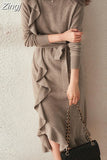 O-neck Ladies Knitted Dress Long Sleeve Ruffles Slim Lace-up Female Sweater Midi Dresses Autumn Winter 2023 New