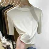Zingj Wind Advanced Sense Pure Color Half High Collar Five Minutes Sleeve Sleeve T Shirt Female Slim Slim Inside The Bottom Shirt