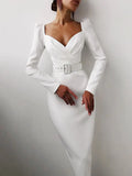 Elegant Party Dress Slim V Neck Long Sleeve Midi Pencil Dress With Belt Casual Office Lady Solid Red Puff Sleeve