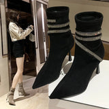 2025 New Sexy Pointed Fashion Boots Net Red Water Drill French High-Heeled Women's Fine Heel Thin Short