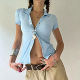 Zingj Hot Girl Simple Blue Striped Shirt Polo Collar Waist Versatile Single Breasted Casual