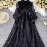 Retro Elegant Dress Woman 2025 New High-End Collar Single Buckle Waist Embroidery Mesh