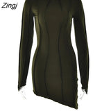 Asymmetrical Slim Mini Dress Women Solid O-Neck Flare Long Sleeve Casual Patchwork Wrap Dress Spring New