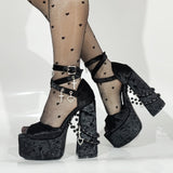 Y2k Velvet Dark Lolita Pearl Size 47 Water Table Coarse High Heel Women's