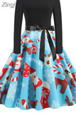Dress Women Autumn Winter Long Sleeve High Waist Printed Vintage Party Sundress Elegant Xmas