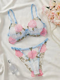 Blue Sheer Rose Embroidered Lingerie Set- Outfit
