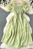 Vintage Women Square Collar Draped Dress Eleagant Puff Short Sleeve High Waist A-Line Knee-Length Robe Female New