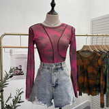 Sunset Sun Dyed Elastic Mesh Yarn T-Shirt Stacked With Long-Sleeved Top Press Line T-Shirt