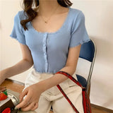 Women Patched Lace O-Neck Knitted Short Sleeve Thin Sweaters Cardigans Lady Single-breasted Buttons Sweater Crop Tops