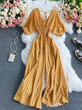 Sexy Polka Dot Romper Women Elegant V-Neck Puff Short Sleeve High Waist Jumpsuit Female Loose Wide Leg Playsuits